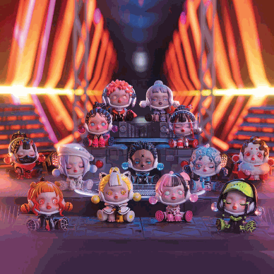 Skullpanda - City of Night collectible figurines set featuring futuristic dystopian characters in vibrant neon-lit display
