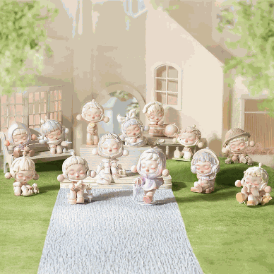 The Warmth Series Skullpanda mini figurines collection by Chinese artist featuring 12 cozy designs displayed outdoors