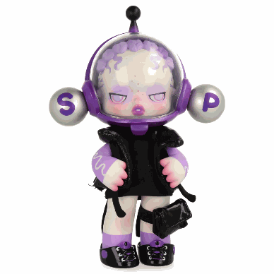 Skullpanda OOTD Glaring figurine with purple and black futuristic outfit and helmet detailing in vibrant colors.