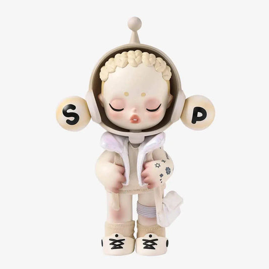 SKULLPANDA OOTD Light Chaser designer figurine made of ABS/PVC, 7.4 inches tall with closed eyes and distinctive headgear.