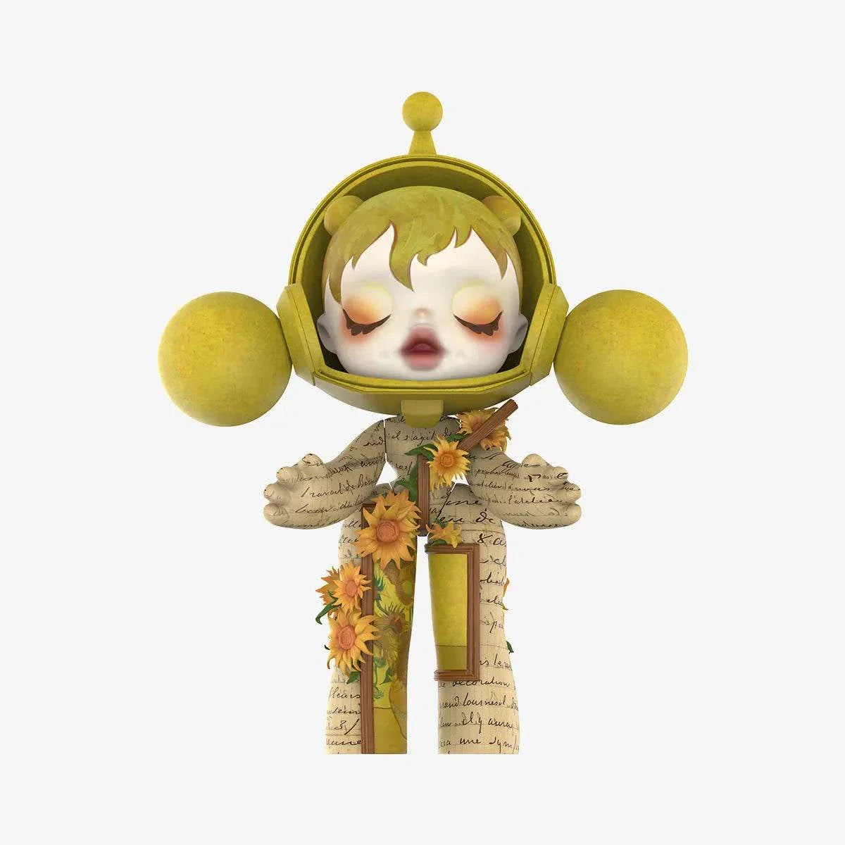 SKULLPANDA 400% designer figure inspired by Van Gogh's Sunflowers with yellow and brown tones and floral details