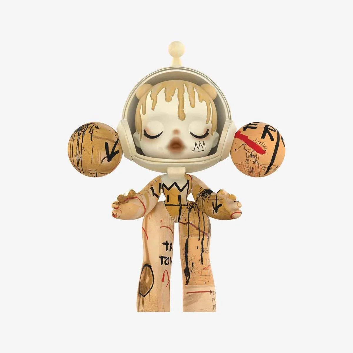 SKULLPANDA 1000% JEAN-MICHEL BASQUIAT collectible figure by POP MART with artistic graffiti design and astronaut helmet