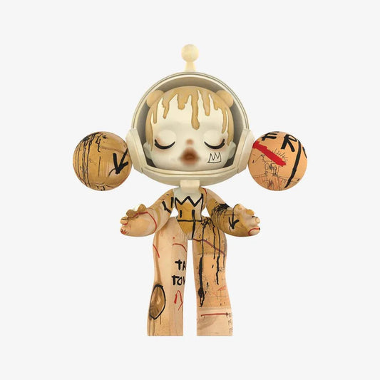 SKULLPANDA 1000% JEAN-MICHEL BASQUIAT collectible figure by POP MART with artistic graffiti design and astronaut helmet