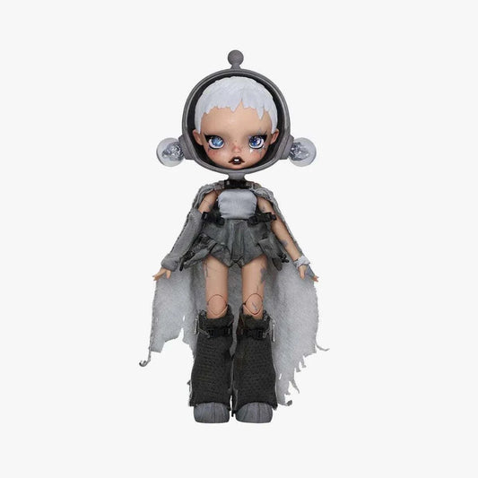 SKULLPANDA × HAMCUS 1/6 action figure with white hair, detailed outfit, and boots, designed by POP MART.