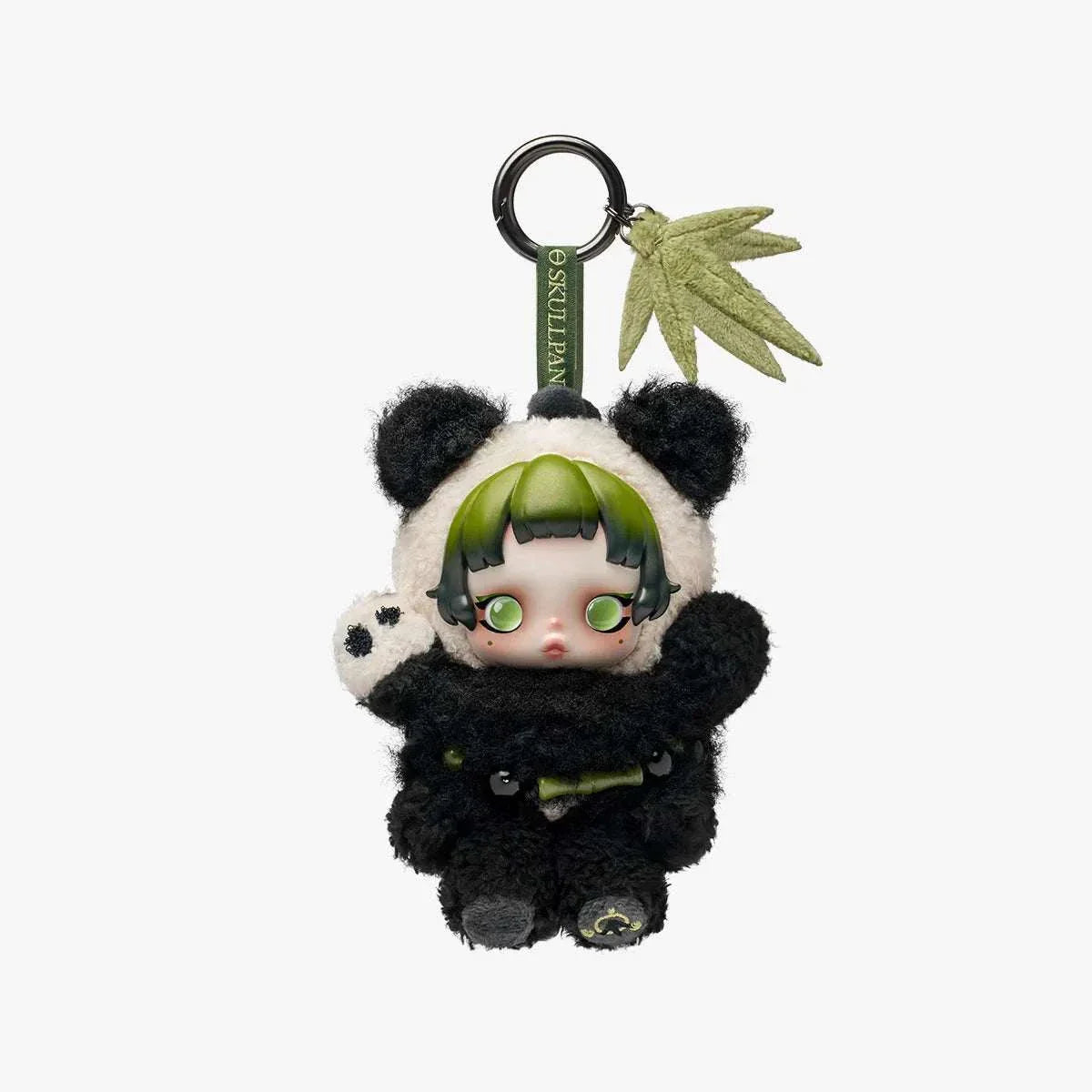 SKULLPANDA Lazy Panda Plush Doll keychain with green hair and black and white panda costume hanging on a loop with a green leaf charm.