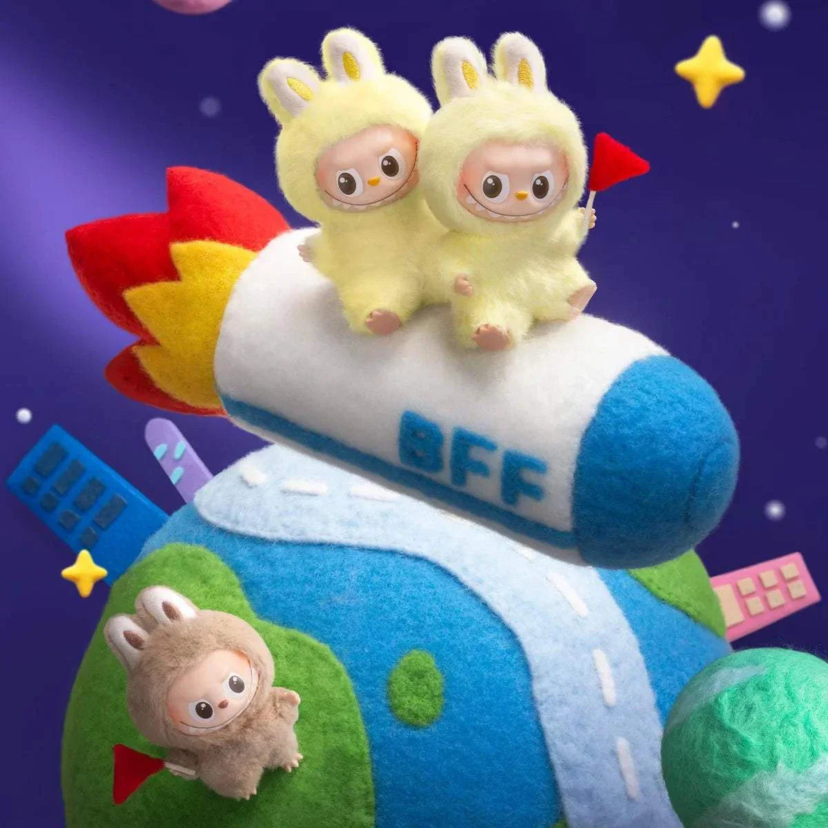 Labubu THE MONSTERS plush pins from Love Series riding a rocket with BFF lettering, colorful felt planet background.